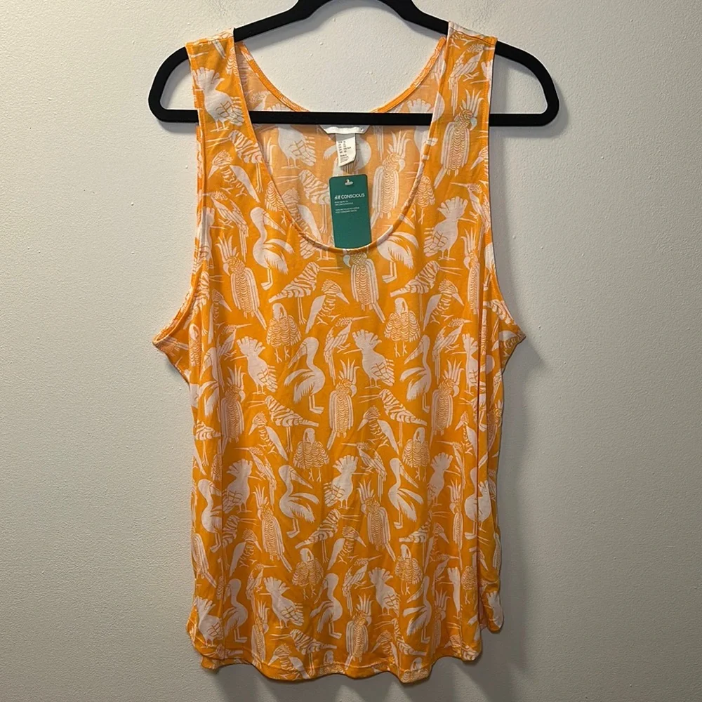 💛H&M Conscious Women’s Orange Tropical Bird Sleeveless Top Sz XL